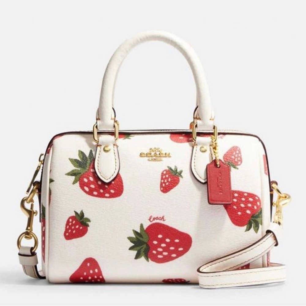New COACH ROWAN Mini Crossbody w Wild Strawberry Print Canvas/Leather